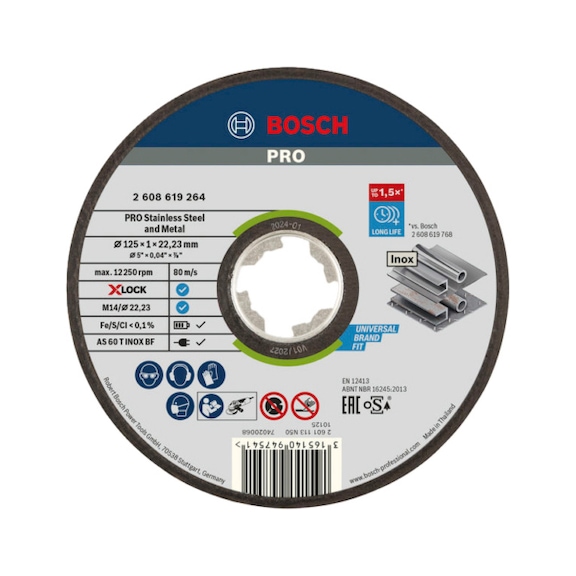 BOSCH PRO Stainless Steel and Metal X-Lock Trennscheibe 125&nbsp;x&nbsp;1&nbsp;x&nbsp;22.23&nbsp;mm 2608619264 - Schleifmittel aus gebundenem Schleifmittel mit Bohrung oder Gewinde