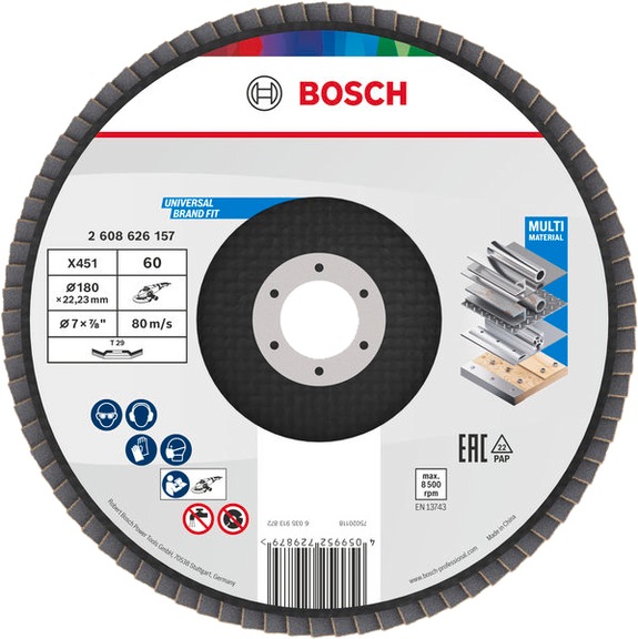 BOSCH X451 F&auml;cherschleifscheibe, 180 x 22,23&nbsp;mm, K60, Z29, 15 teilig 2608626157 - F&auml;cherschleifscheibe