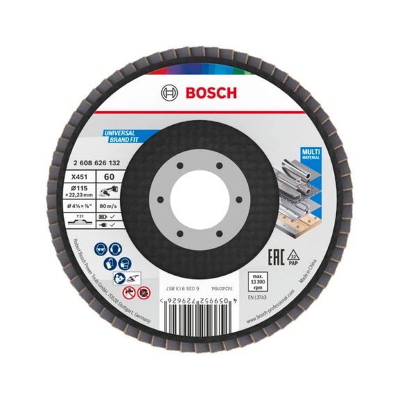 BOSCH X451 F&auml;cherschleifscheibe, 115 x 22,23&nbsp;mm, K60, Z27, 15 teilig 2608626132 - F&auml;cherschleifscheibe