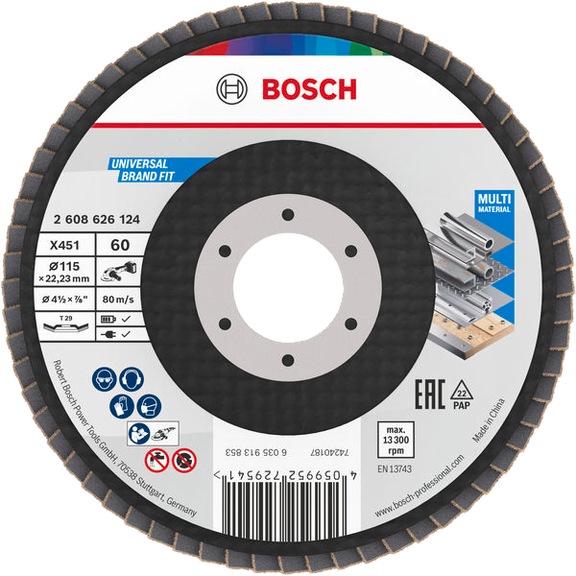 BOSCH X451 F&auml;cherschleifscheibe, 115 x 22,23&nbsp;mm, K60, Z29, 15 teilig 2608626124 - F&auml;cherschleifscheibe