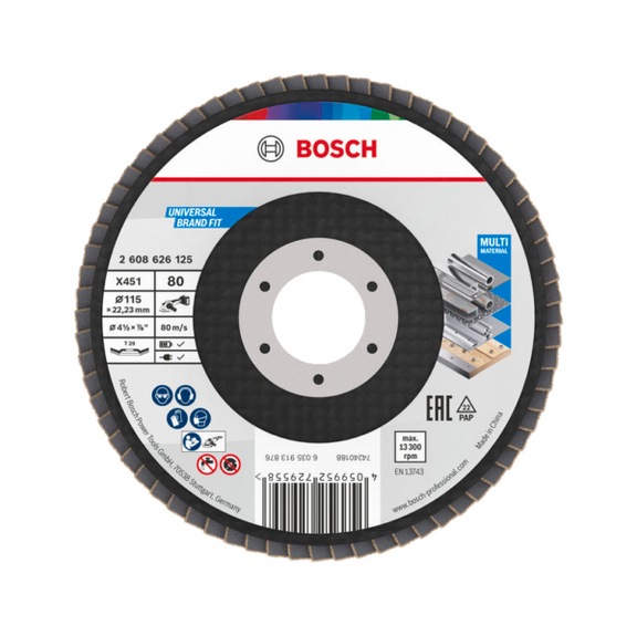 BOSCH X451 F&auml;cherschleifscheibe, 115 x 22,23&nbsp;mm, K80, Z29, 60 teilig 2608626125 - F&auml;cherschleifscheibe