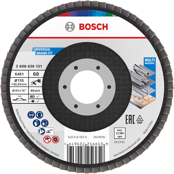 BOSCH X451 F&auml;cherschleifscheibe, 115 x 22,23&nbsp;mm, K60, Z27, 60 teilig 2608626131 - F&auml;cherschleifscheibe