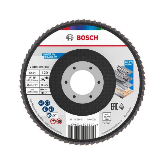 BOSCH X451 Flap disc, 115 x 22.23 mm, K120, Z27, 60-piece set 2608626135 - Flap disc