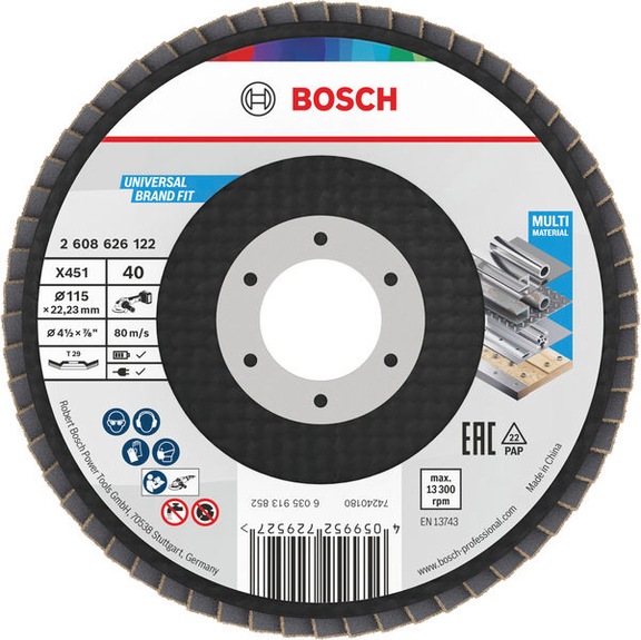 BOSCH X451 F&auml;cherschleifscheibe, 115 x 22,23&nbsp;mm, K40, Z29, 15 teilig 2608626167 - F&auml;cherschleifscheibe