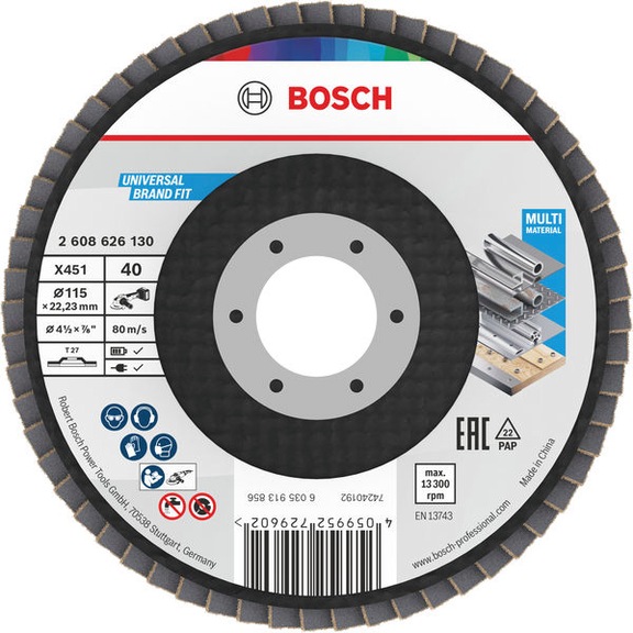 BOSCH X451 Flap disc, 115 x 22.23 mm, K40, Z27, 15-piece set 2608626171 - Flap disc