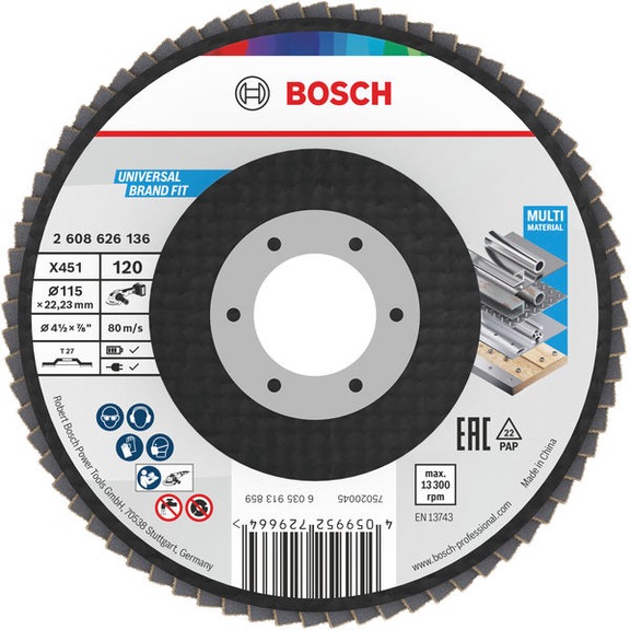 BOSCH X451 F&auml;cherschleifscheibe, 115 x 22,23&nbsp;mm, K120, Z27, 15 teilig 2608626174 - F&auml;cherschleifscheibe