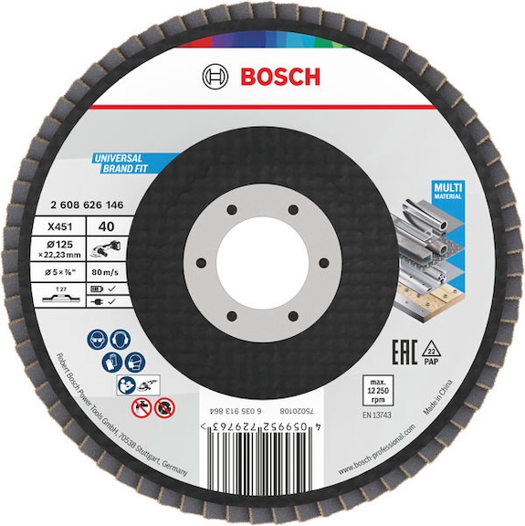 BOSCH X451 Fan-shaped grinding disc, 125 x 22.23 mm, K40, Z27, 15-piece set 2608626179 - Flap disc