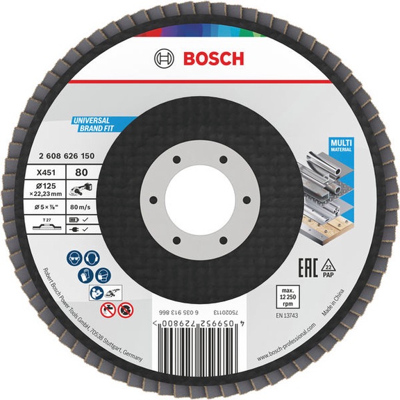 BOSCH X451 F&auml;cherschleifscheibe, 125 x 22,23&nbsp;mm, K80, Z27, 15 teilig 2608626181 - F&auml;cherschleifscheibe
