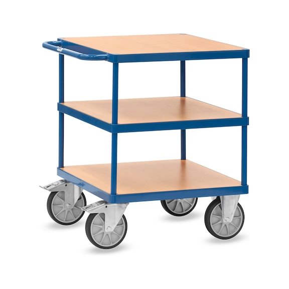 FETRA Heavy-duty table trolley with 3 square loading decks, 700 x 700 mm - Stolov&yacute; voz&iacute;k se třemi obd&eacute;ln&iacute;kov&yacute;mi ložn&yacute;mi plochami z MDF desek