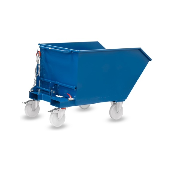 FETRA Swarf tipping container 500 litres, load capacity 1000 kg RAL 5007 - swarf tilting containers, manual tilting – mobile with Totalstop brakes
