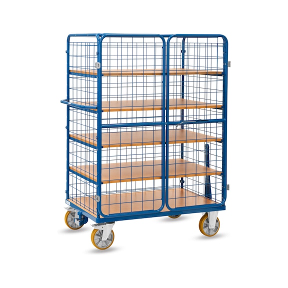 FETRA Shelf trolley with 5 levels, load capacity 600 kg, loading surface 1200 x 800 mm, with tugger train - Shelf trolley with hinged doors, 5 tiers