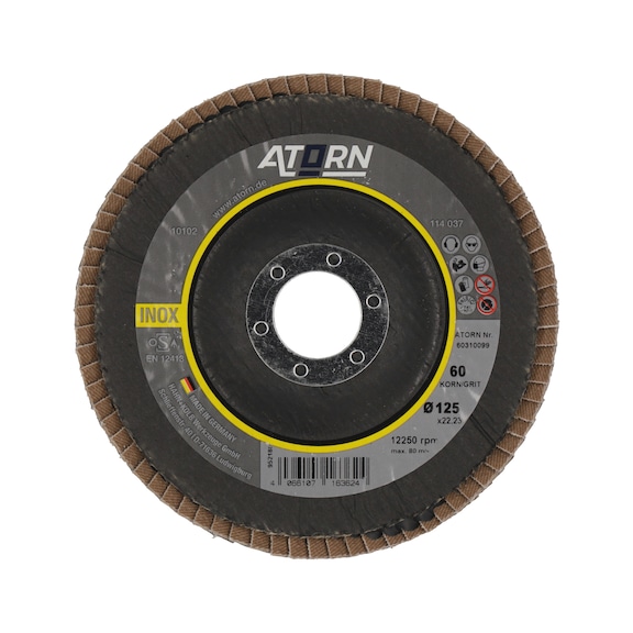 ATORN Flap disc grain 60, 125 mm, angled, stainless steel/steel - flap zımpara - paslanmaz &ccedil;elik, &ccedil;elik i&ccedil;in y&uuml;ksek kaliteli &ccedil;ok ama&ccedil;lı plaka