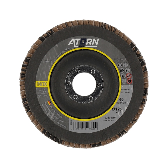 ATORN Flap disc grain 40, 125 mm, angled, stainless steel/steel |PROMOTION - Lamell&aacute;s t&aacute;rcsa – kiv&aacute;l&oacute; minős&eacute;gű, univerz&aacute;lis t&aacute;rcsa nemesac&eacute;lhoz, ac&eacute;lhoz |AKCI&Oacute;