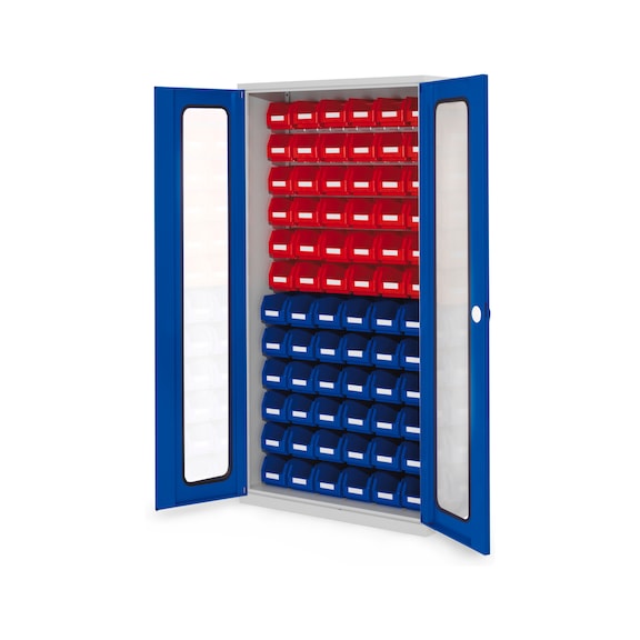 RASTERPLAN Slotted panel cabinet model 52 w viewing window doors RAL 7035/5010 - Slotted panel cabinet with doors with viewing window