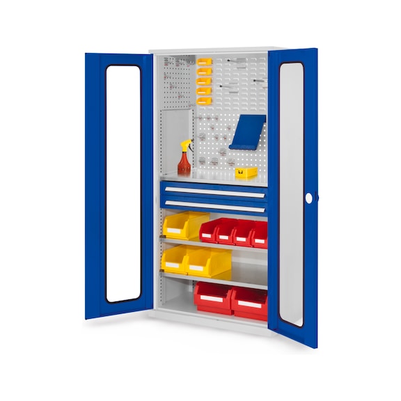 RASTERPLAN Tool cabinet model 31 1950x1000x600&nbsp;mm, doors with viewing window - Hinged-door cabinet with shelf and drawers