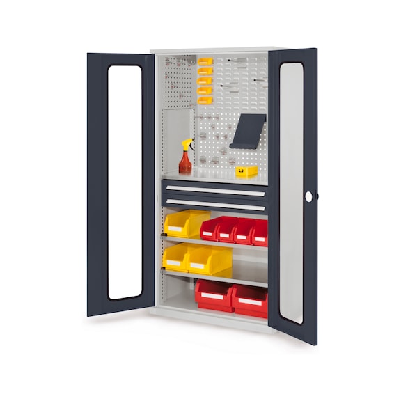 RASTERPLAN Armoire outils , mod. 31, HxlxP 1 950x1 000x600 mm, portes fen. d'obs. - Armoire &agrave; portes &agrave; rabattement avec &eacute;tag&egrave;re et tiroirs