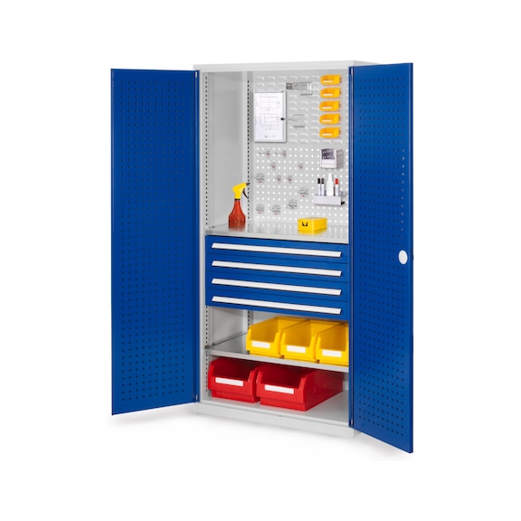 RASTERPLAN Armoire &agrave; tiroirs avec panneau perfor&eacute; RAL 7035/5010 - Armoire &agrave; portes &agrave; rabattement avec &eacute;tag&egrave;re et tiroirs