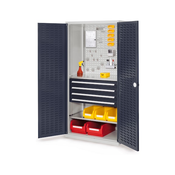 RASTERPLAN Tool cabinet H x W x D 1950 x 1000 x 600 mm doors with slotted panel - Hinged-door cabinet with shelf and drawers