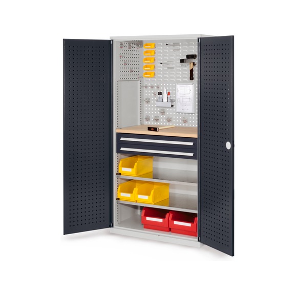RASTERPLAN Tool cab., mod. 14, HxWxD 1950 x 1000 x 600 mm, perf. panel doors - Hinged-door cabinet with shelf and drawers