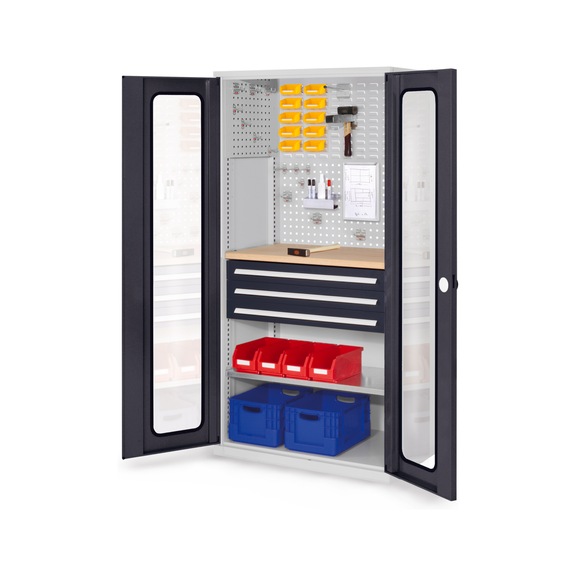 RASTERPLAN Gereedsch.kast 35, h x b x d 1950 x 1000 x 600 mm, deuren m. kijkv. - Vleugeldeurkast met legbord en laden