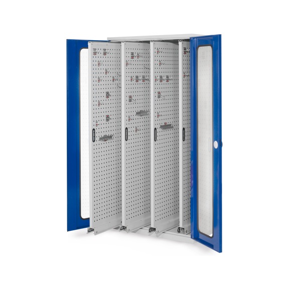 RASTERPLAN Staande kast model 83 met deuren met kijkvenster RAL 7035/5010 - Verticale kasten met massieve blikken deur of deuren met kijkvenster