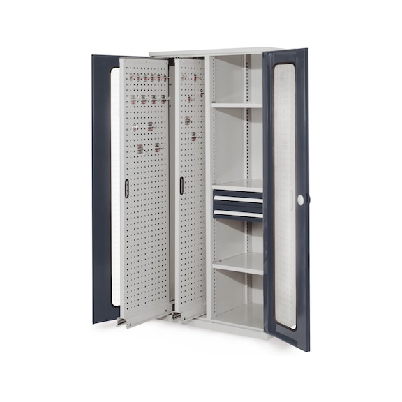 RASTERPLAN Vertikalschrank Modell 81 mit Sichtfenstert&uuml;ren - Vertikalschrank mit RasterPlan Lochblech Ausz&uuml;gen, Fachb&ouml;den und Schubladen