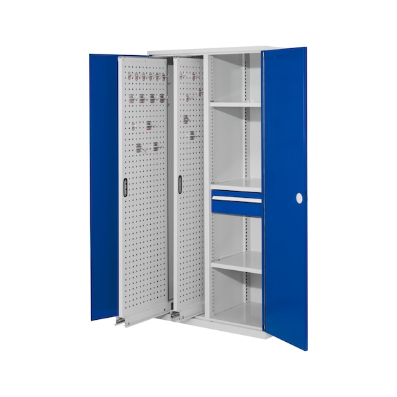 RASTERPLAN Vertical cabinet with RASTERPLAN perforated metal plate pull-outs, shelves and drawers