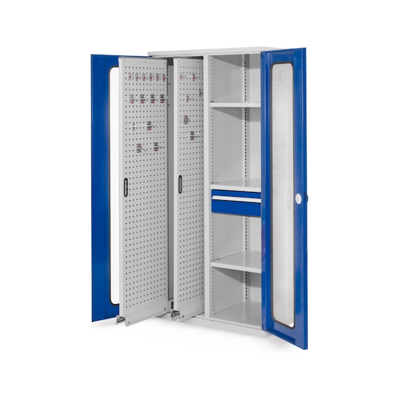 RASTERPLAN Vertical cabinet model 82 w viewing window doors RAL 7035/5010 - Vertical cabinet with RASTERPLAN perforated metal plate pull-outs, shelves and drawers