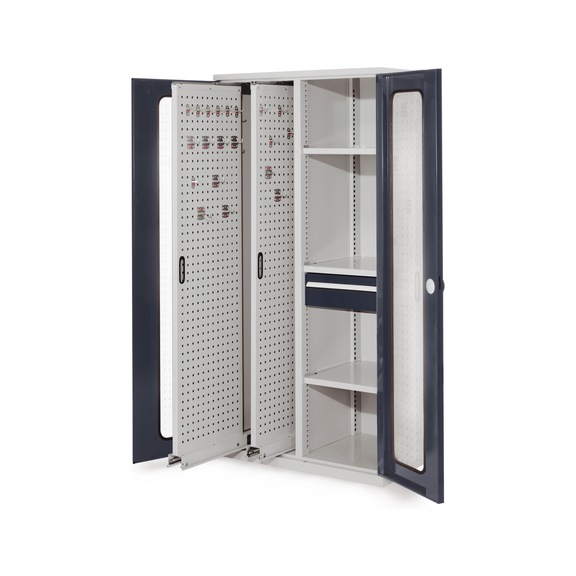 RASTERPLAN Staande kast, model 82 met deuren met kijkvenster - Verticale kast met RASTERPLAN uittrekelementen, legborden en laden van geperforeerde metaalplaat