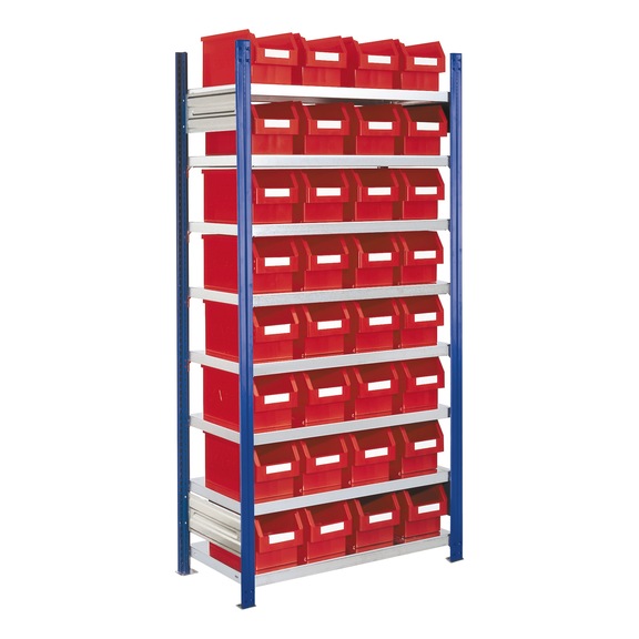 RASTERPLAN Bedugh. polc alappolc, 12. mod., 2000x1000x300&nbsp;mm 8 polc, horganyzott, RAL 5010 - Bedughat&oacute; polc nyitott t&aacute;rol&oacute;dobozokkal