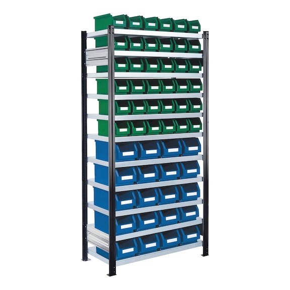 RASTERPLAN Dugasz. polc alappolc, 14. mod., 2000x1000x400&nbsp;mm 11 polc, horganyzott, RAL 7016 - Bedughat&oacute; polc nyitott t&aacute;rol&oacute;dobozokkal