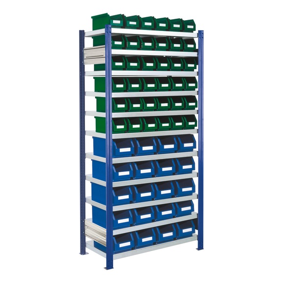 RASTERPLAN Ge&ccedil;meli raf basit b&ouml;lmeli model 14 2000x1000x400&nbsp;mm 11 raf galvanizli RAL 5010 - Kolay g&ouml;r&uuml;nen depolama kutulu ge&ccedil;meli raf