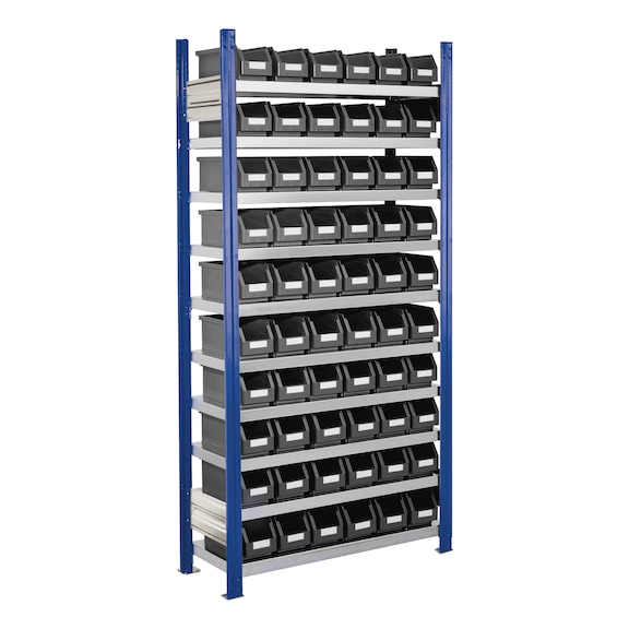 RASTERPLAN Plug-in rack basic bay model 11 2000x1000x300&nbsp;mm 10 shelves galvanised RAL 5010 - Plug-in rack with easy-view storage bins