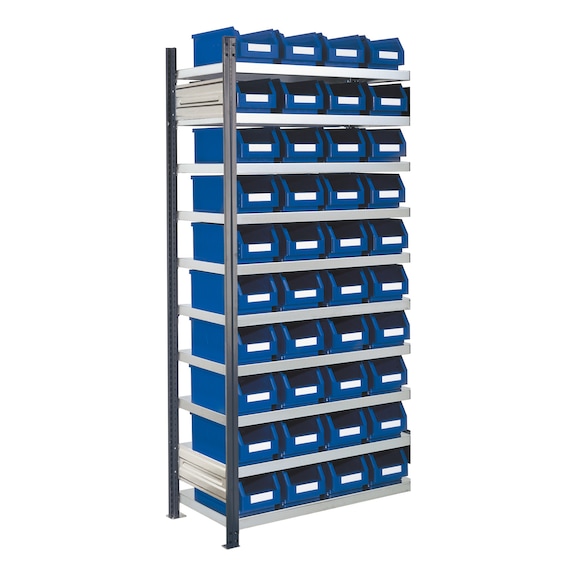 RASTERPLAN Regał wtykowy, moduł dobud., model 13 2000x1000x400 mm, 10 p&oacute;łek ocynk. RAL 7016 - Regał wtykowy z p&oacute;łotwartymi skrzynkami magazynowymi