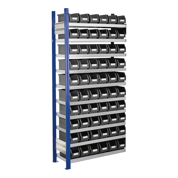 RASTERPLAN Scomparto agg rack a innesto mod 11 2000x1000x300 mm 10 ripiani zinc RAL 5010 - Scaffale a incastro con contenitori con vista sull'interno