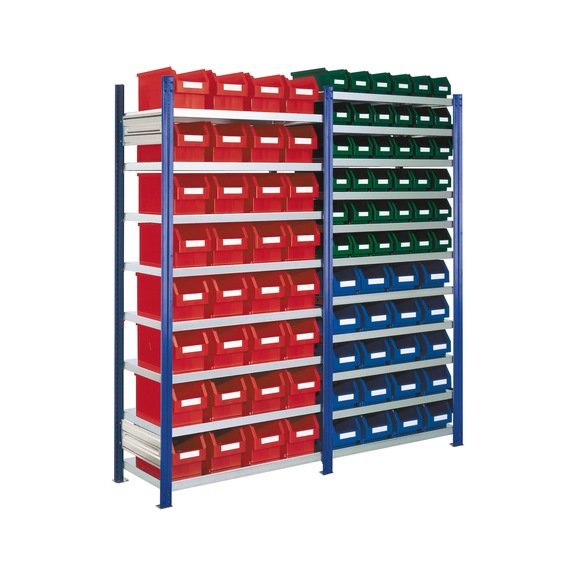 RASTERPLAN Est. insertable piso b&aacute;sico mod. 16 2000x2000x400 mm 19 estantes galv. RAL 5010 - Estante insertable con cajas de almacenamiento de visualizaci&oacute;n f&aacute;cil