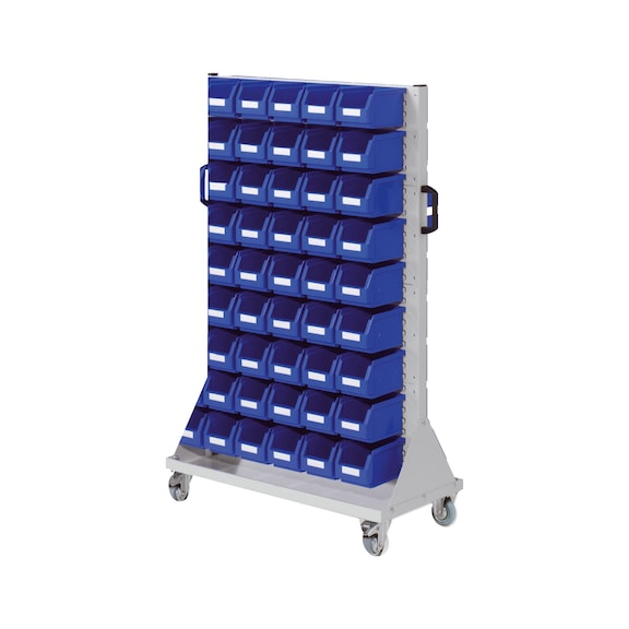 RASTERPLAN W&oacute;zek model 81 RAL 7035, skrzynki magazyn. 1580x1000x500mm dwustr. - W&oacute;zek z p&oacute;łotwartymi skrzynkami magazynowymi z polietylenu