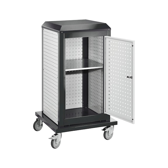 RASTERPLAN ToolTower mobiel 1260 x 700 x 700&nbsp;mm, 4 geperf. pl. RAL 7035/7016 - ToolTower, klein, met &eacute;&eacute;n deur, mobiel