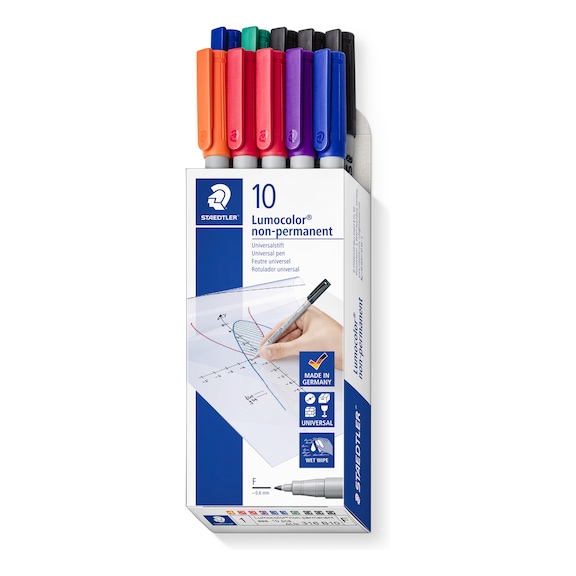 STAEDTLER Lumocolor F non-permanent universal pen, 0.6 mm, assorted, box of 10 colours - Fine-tip pen