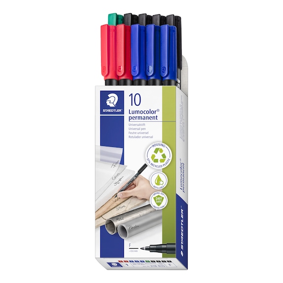 STAEDTLER Lumocolor F permanent universal pen, 0.6 mm, assorted, box of 10 colours - Fine-tip pen