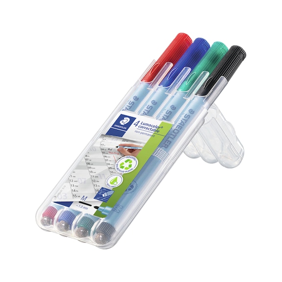 STAEDTLER Lumocolor correctable transparency pen, M, refillable, 4 colours, box - Fine-tip pen