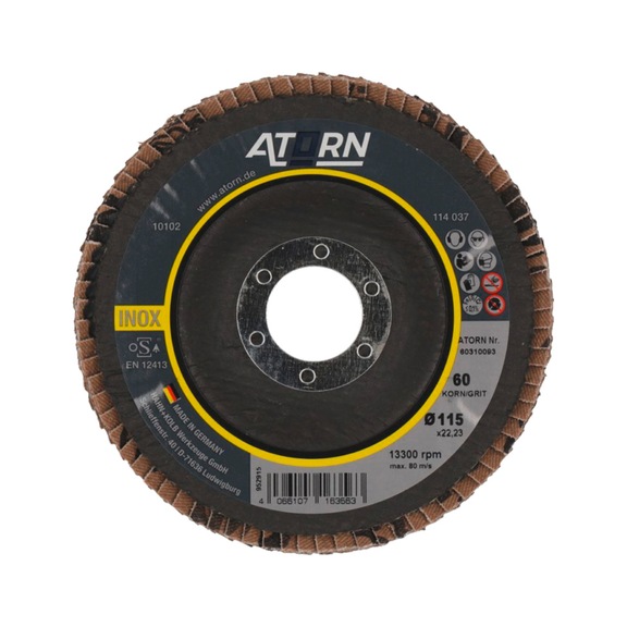 ATORN Flap disc grain 60, 115 mm, angled, stainless steel/steel - Lamellenschijf - hoogwaardige universele schijf voor rvs, staal