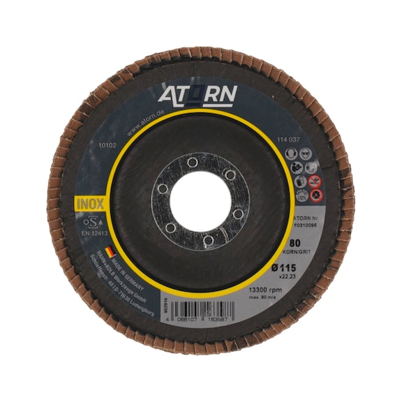 ATORN Flap disc grain 80, 115 mm, angled, stainless steel/steel - Disque &agrave; lamelles - disque universel de haute qualit&eacute; pour l'acier et l'acier inoxydable