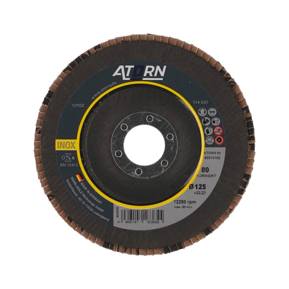 ATORN Abrasive flap disc 80 grit, 125 mm, flat, stainless steel/steel |PROMOTION - Disque &agrave; lamelles - disque universel de haute qualit&eacute; pour l'acier et l'acier inoxydable |PROMOTION