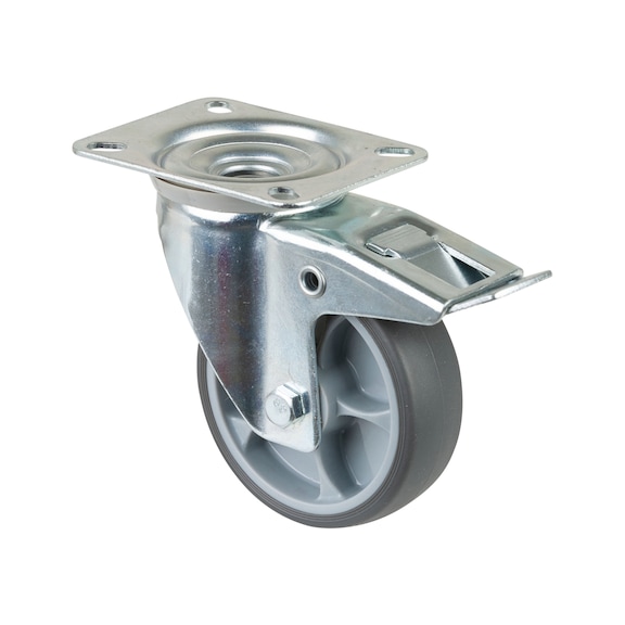 BS ROLLEN Swivel castor, 100 mm diameter, rubber, load capacity 110 kg, with brake - Swivel castor