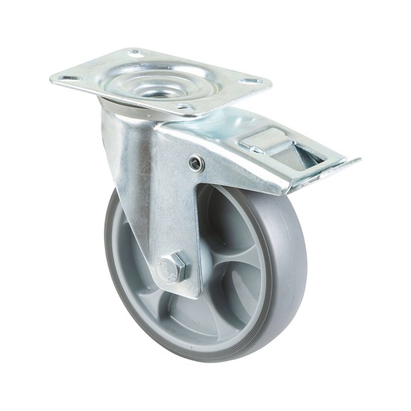 BS ROLLEN Swivel castor, 125 mm diameter, rubber, load capacity 120 kg, with brake - Swivel castor