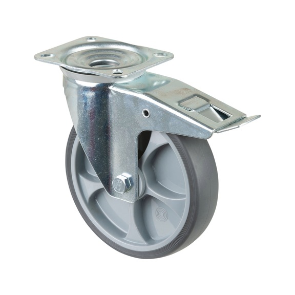 BS ROLLEN Swivel castor, 200 mm diameter, rubber, load capacity 220 kg, with brake - Swivel castor