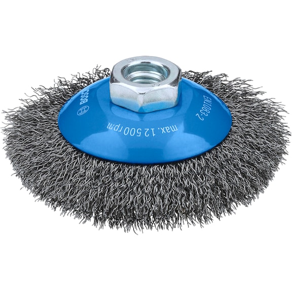 BOSCH Metal clean cup brush, 100 x 0,5 mm, M14, corrugated 2608620767 - Conical brush