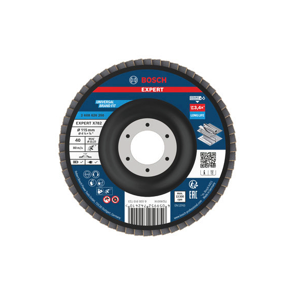 BOSCH EXPERT X782 flap disc straight 115 mm K40 bore 22,23 mm 2608626250 - EXPERT X782 flap disc straight