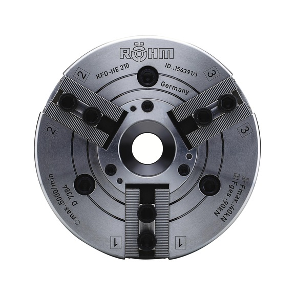 R&Ouml;HM Power-clamping chuck KFD-HE 170, 3-jaw, 60-degree pointed teeth, neutral version - Lathe tip, arbor, chuck (machine tool)